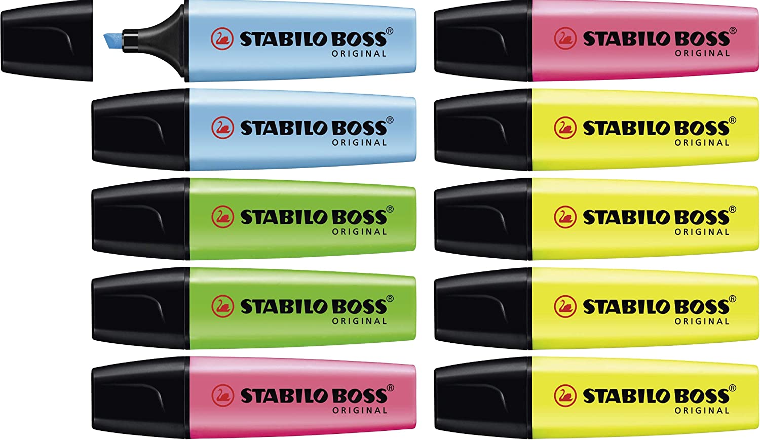 Assorted Stabilo Boss Original highlighters in a pack of 10 with vibrant colors, ideal for highlighting text and creative projects.
