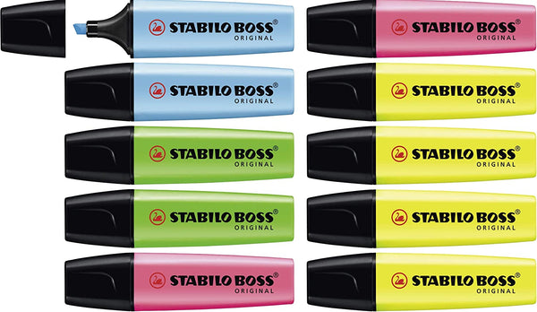 Assorted Stabilo Boss Original highlighters in a pack of 10 with vibrant colors, ideal for highlighting text and creative projects.