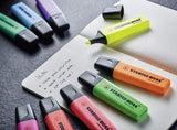 Assorted Stabilo Boss Original highlighters in a pack of 10 with colorful caps, displayed on a greeting card.