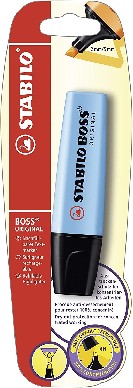Greeting card featuring a Stabilo Boss Original Blue Highlighter with smooth ink, versatile design, and reliable performance.