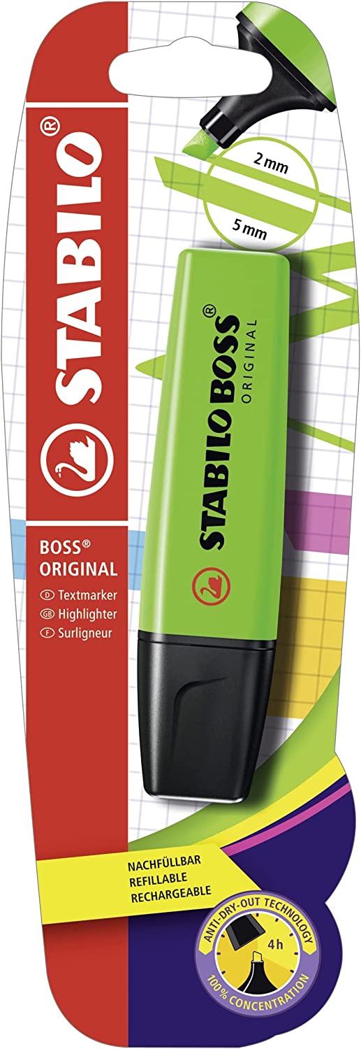 Greeting card featuring a Stabilo Boss Original Green Highlighter, showcasing its vibrant color and eco-friendly design.