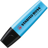 Stabilo Boss Original Blue Highlighters in a pack of five, shown alongside a greeting card with highlighted text.