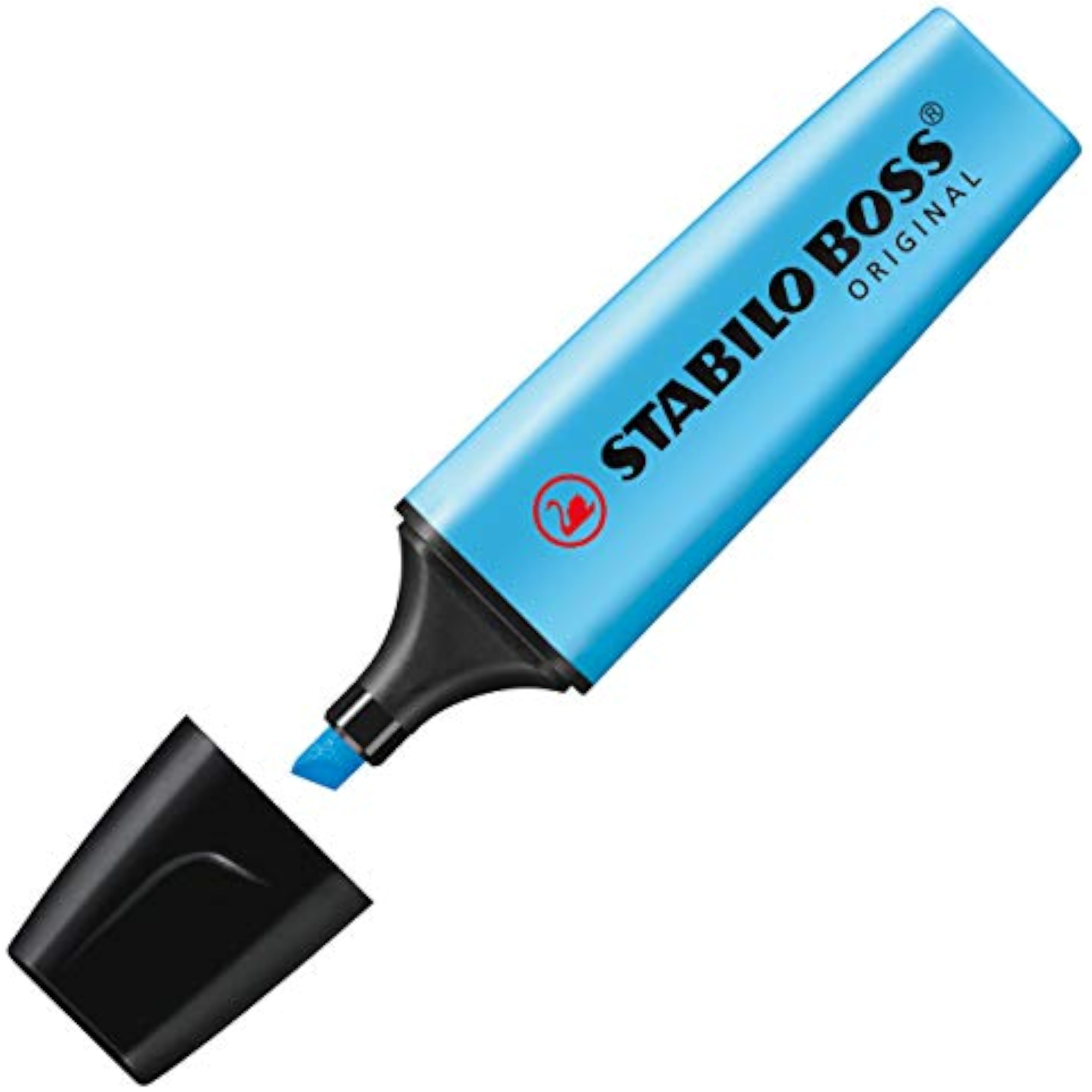 Bright blue Stabilo Boss Original highlighters used to accentuate a greeting card in a creative display.
