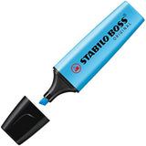 Bright blue Stabilo Boss Original highlighters used to accentuate a greeting card in a creative display.