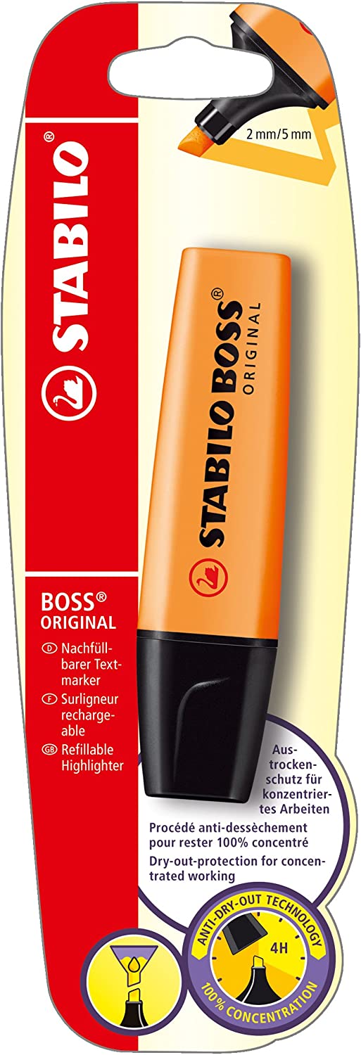 Stabilo Boss Original Orange Highlighter with 2-5mm tip, shown alongside a greeting card, highlighting its vibrant color and refillable design.