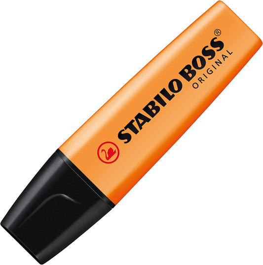 Stabilo Boss Original Orange Highlighter with 2-5mm tip, refillable, shown next to a colorful greeting card for creative highlighting.
