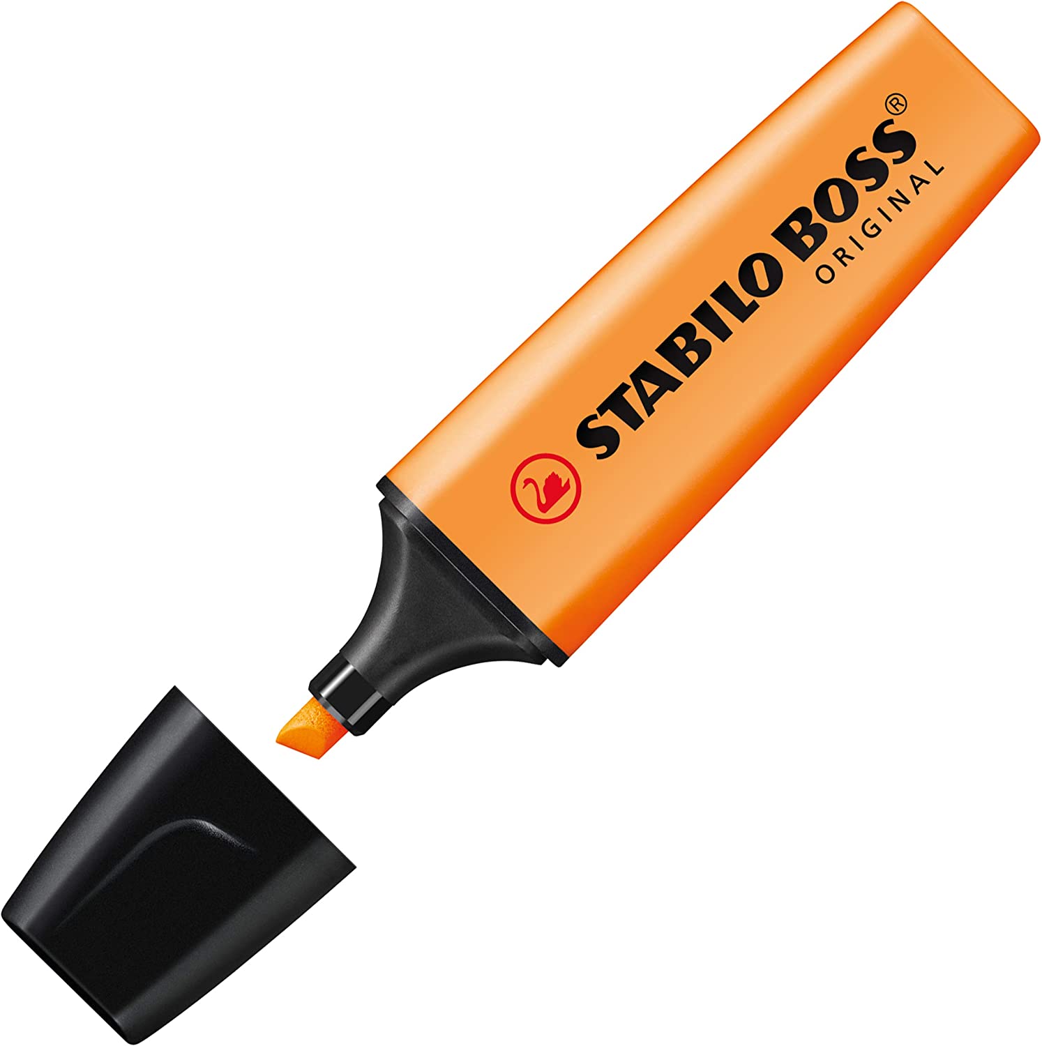 Stabilo Boss Original Orange Highlighter with 2-5mm tip, shown next to a greeting card, highlighting its refillable design.
