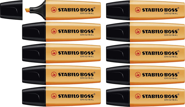 Bright orange Stabilo Boss highlighter pack of 12 refill bottles next to a greeting card for highlighting and creative projects.