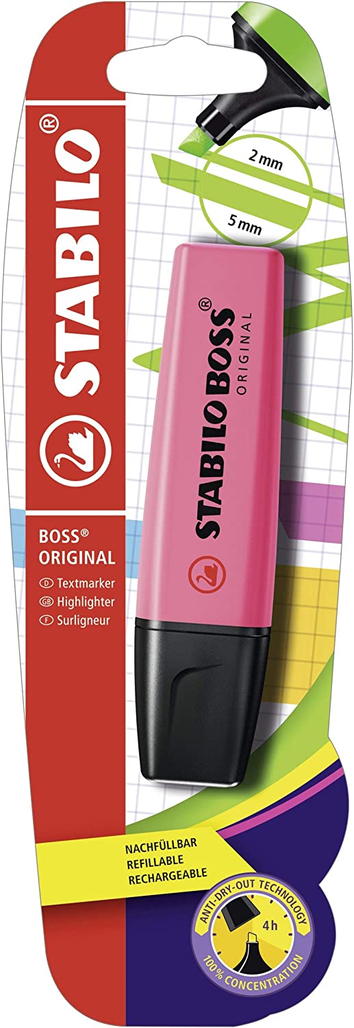 Pink Stabilo Boss Original highlighter used on a greeting card, highlighting text with a bold, reliable stroke.