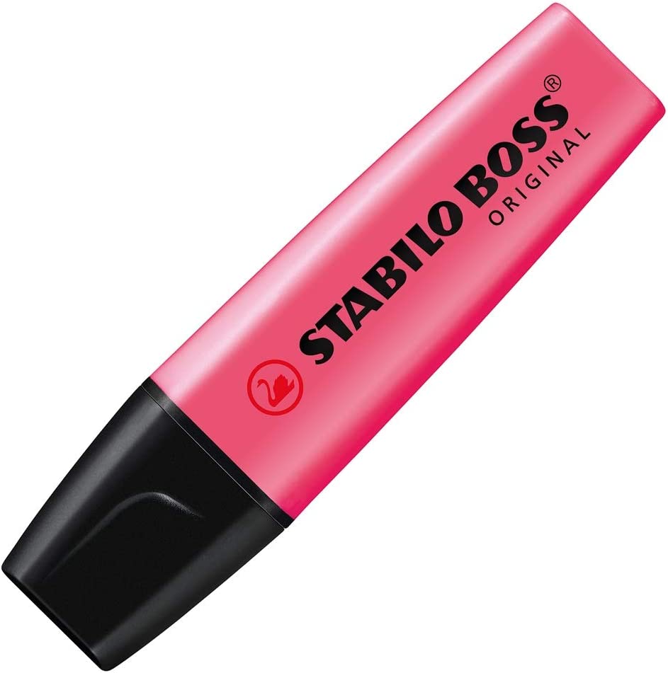 Pink Stabilo Boss Original Highlighter used on a greeting card, highlighting text with bold, reliable color.