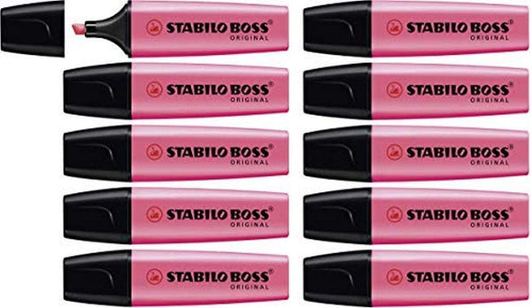 Greeting card featuring Stabilo Boss Original Pink Highlighters in a pack of 10, with vibrant pink and colorful accents.