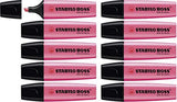 Bright pink Stabilo Boss Original highlighters in a pack of 12, shown with a greeting card for highlighting and decorating purposes.