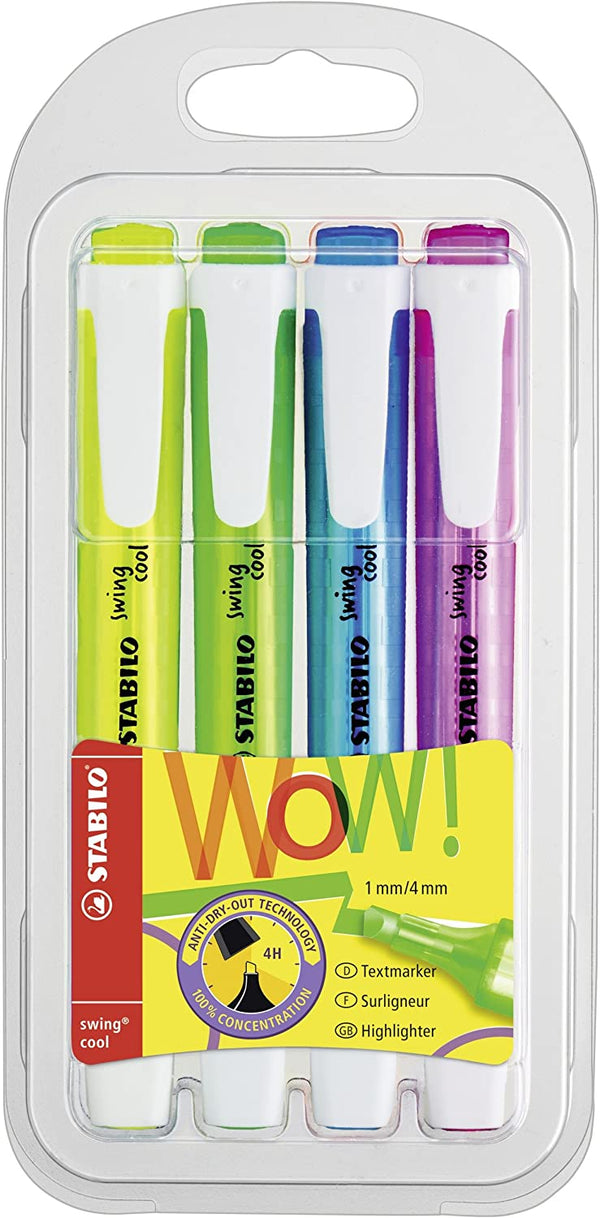 Stabilo Swing Cool assorted highlighters in a pack of four, with vibrant colors and ergonomic design.