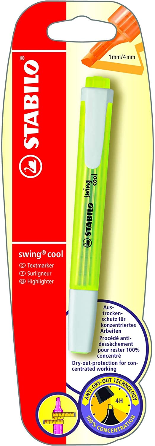 Bright yellow Stabilo Swing Cool highlighter with slim design, displayed on a greeting card for vibrant coloring and writing.
