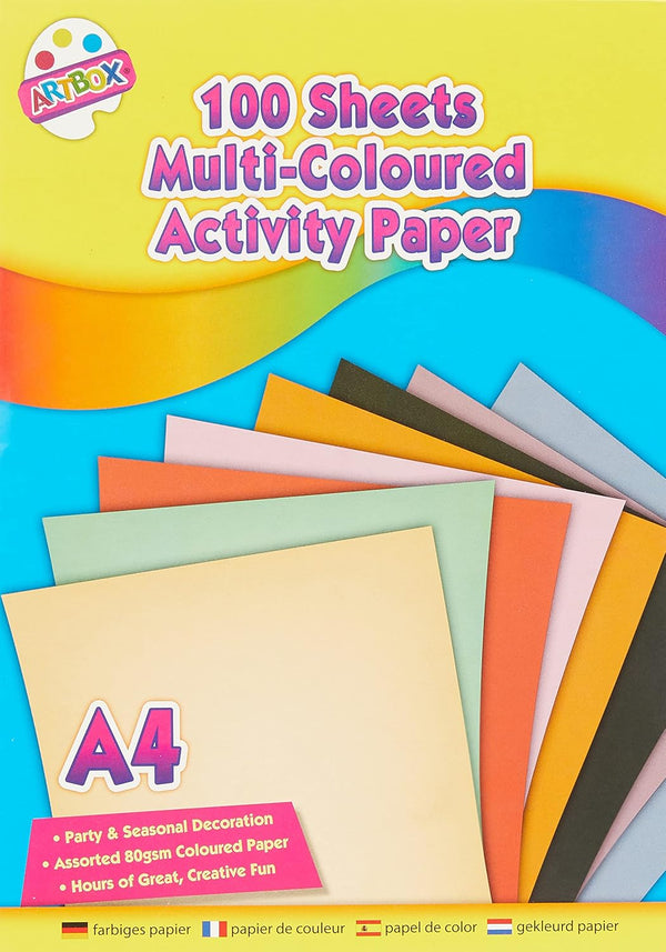 Assorted 100-sheet A4 activity paper in various colors and designs, suitable for arts and crafts or classroom projects.