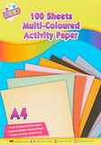 Assorted 100-sheet A4 activity paper in various colors and designs, suitable for arts and crafts or classroom projects.