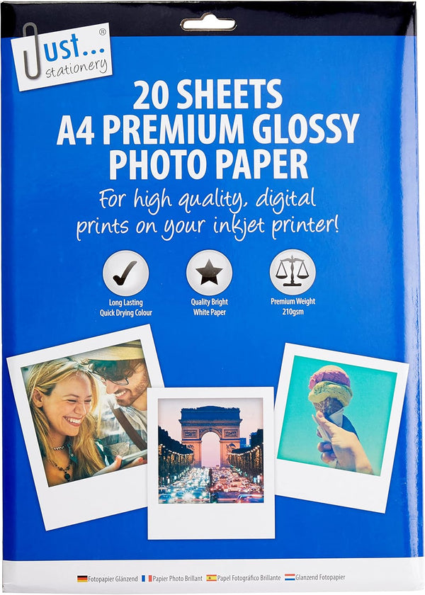 20 sheets of Tallon glossy A4 photo paper with bright, smooth surface for high-quality photo printing.