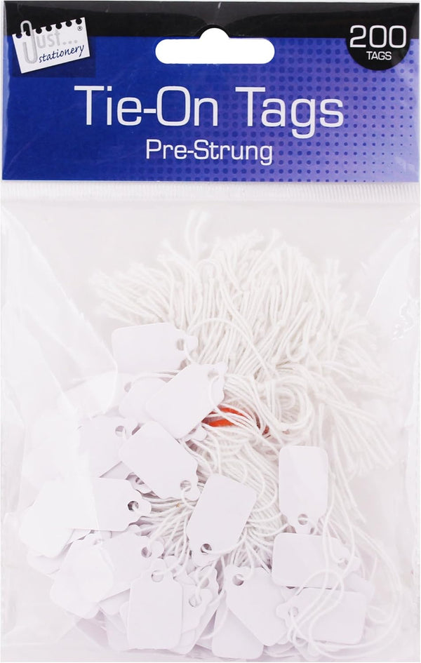 Pre-strung white tags by Tallon, 13x20mm, with 200 tags visible on string for labeling or organizing items.