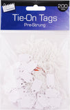 Pre-strung white tags by Tallon, 13x20mm, with 200 tags visible on string for labeling or organizing items.
