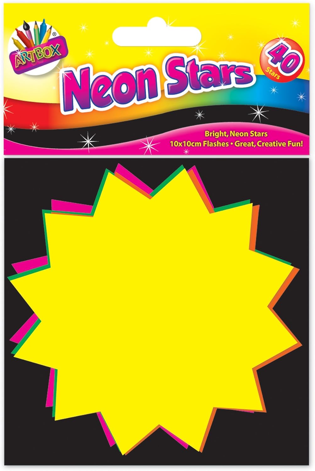 Set of 40 fluorescent stars, 10x10 cm, by Tallon, glowing decorative stars for walls or ceilings in vibrant colors.