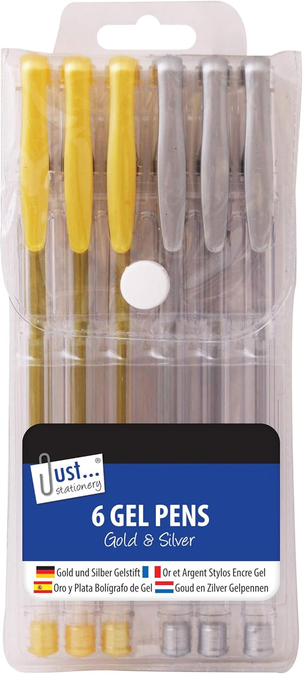 Set of 6 Tallon gel ink pens with silver and gold ink, featuring sleek metallic barrels and fine tips for smooth writing.