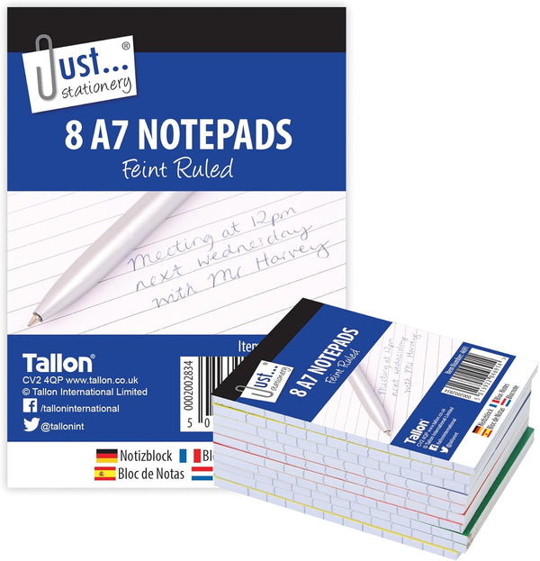 Open Tallon 8 A7 lined notebooks showing ruled paper pages, compact size, perfect for note-taking and journaling.