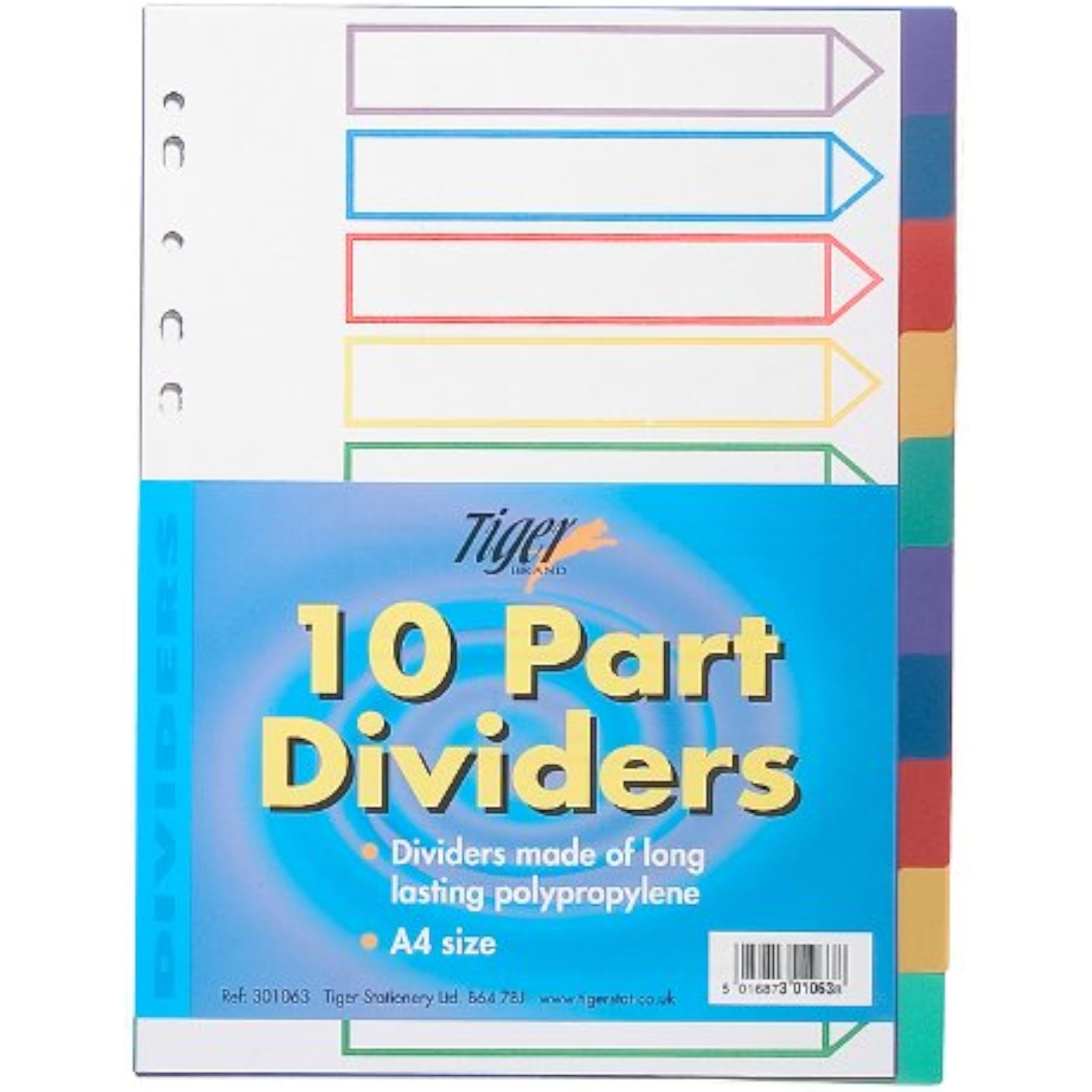 A4 10-part polypropylene file dividers with tabbed labels, ideal for organizing documents and files.