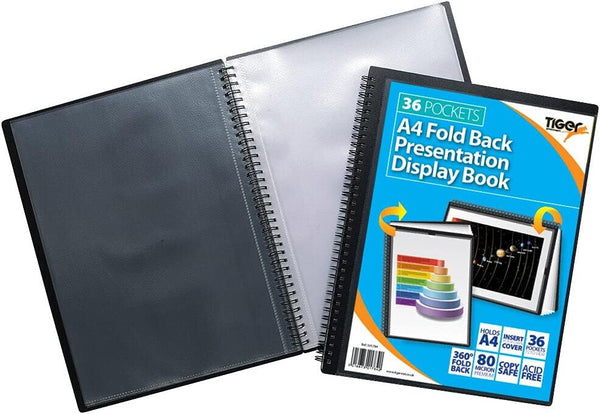 Tiger A4 36-pocket foldback presentation display book with clear plastic cover and multiple internal pockets for organizing documents.