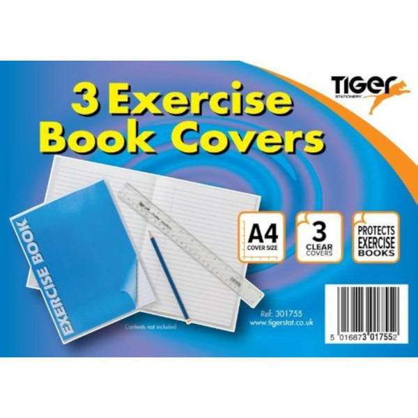 Three clear A4 exercise book covers by Tiger, durable protectors for safeguarding notebooks and keeping them clean.