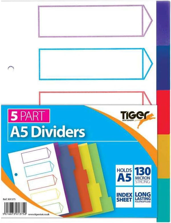 A5 5-part polypropylene dividers by Tiger, showing colorful plastic file tabs and labeled sections for organized filing.