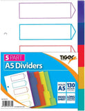 A5 5-part polypropylene dividers by Tiger, showing colorful plastic file tabs and labeled sections for organized filing.