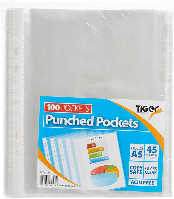 A5 clear punched poly file with 100 transparent pockets for organizing and storing documents efficiently.