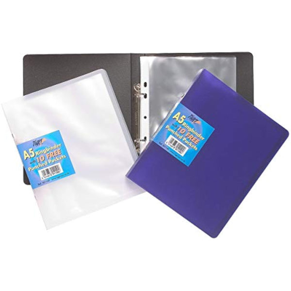 Tiger A5 slim ring binder with 10 assorted color pockets, perfect for organizing documents and stationery.