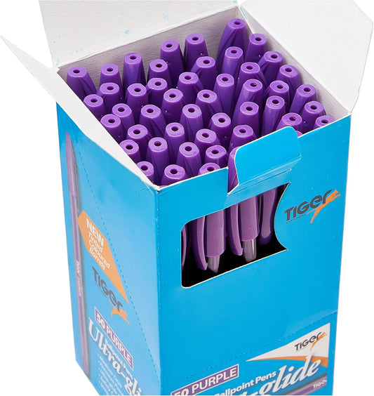 Box of 50 purple Tiger Ultra Glide ballpoint pens showing smooth ink flow and sleek design.