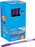 Box of 50 purple Tiger Ultra Glide ballpoint pens showing smooth ink flow and sleek design.