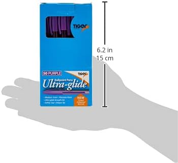 Box of 50 purple Tiger Ultra Glide ballpoint pens with smooth ink flow and sleek design.
