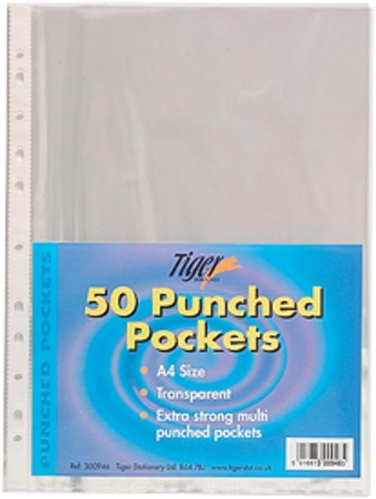 Pack of 50 Tiger A4 punched plastic document pockets with punched holes for organization and filing.