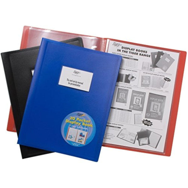 Tiger A4 20-pocket flexi cover display book with assorted colors, showing multiple transparent pockets for organizing documents.