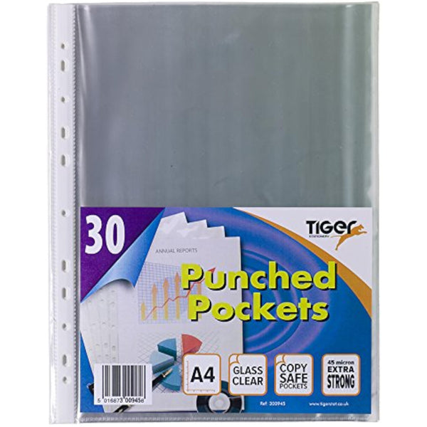 Tiger A4 punched pockets with 30 transparent plastic sheet protectors for documents and organization.