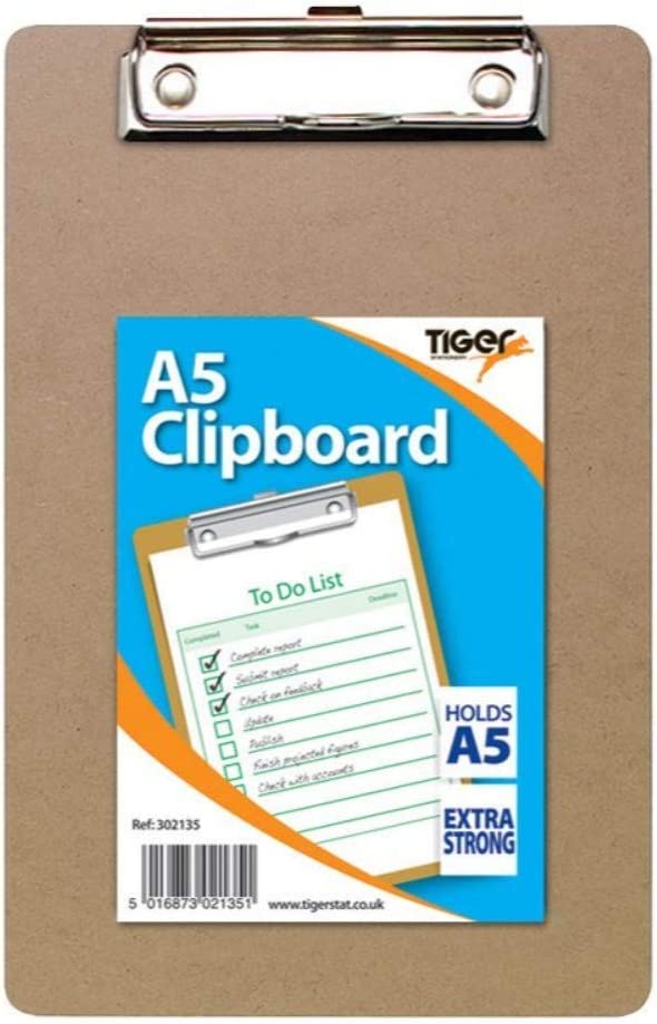 Tiger A5 Masonite clipboard with metal clip, holding papers, designed for convenient note-taking and organization.