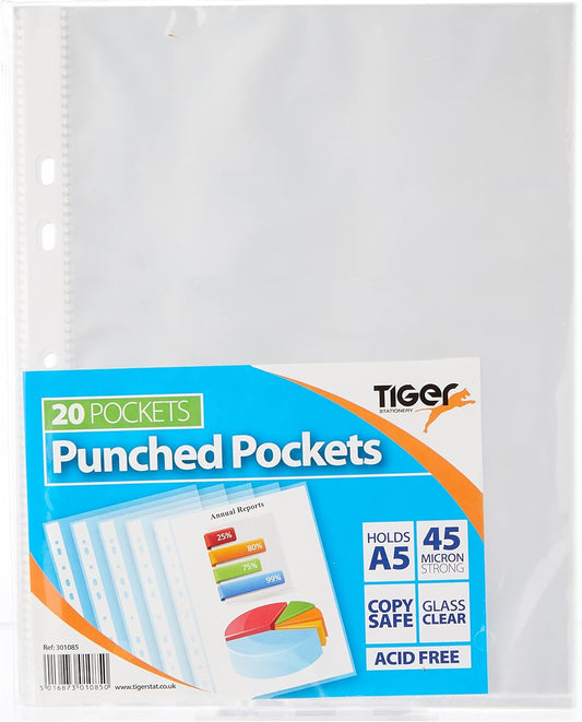 Set of 20 Tiger A5 strong transparent poly punched pockets for documents and storage, showing clear, durable sleeves for organization.