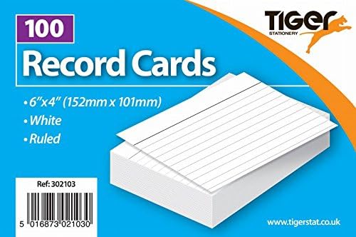 Set of 100 white 6x4-inch ruled record cards from Tiger stationery brand, ideal for notes and organizing information.
