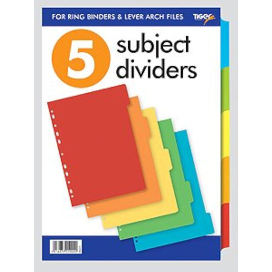 Tiger A4 5-part colored card dividers for stationery, with multiple bright colors for easy organization and categorization.