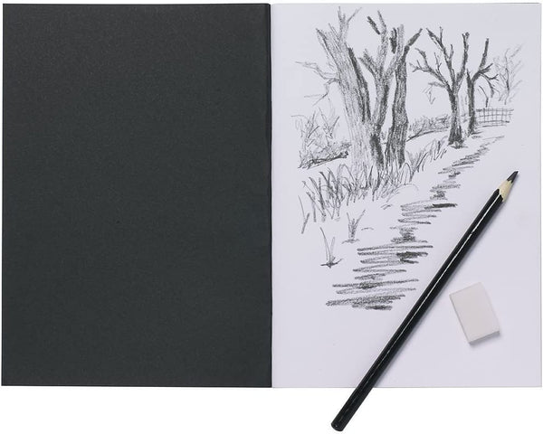 A5 black card cover sketchbook by Tiger with 40 acid-free pages, ideal for drawing and sketching.