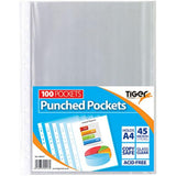 Pack of 100 Tiger A4 punched pockets showing clear plastic sleeves with punched holes for filing in binders.