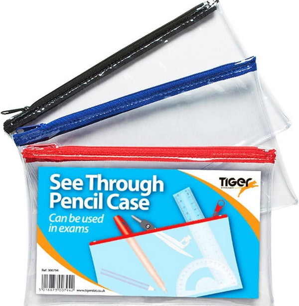 Small flat clear exam pencil case by Tiger, 8x5 inches with assorted zipper colors, ideal for stationery organization.