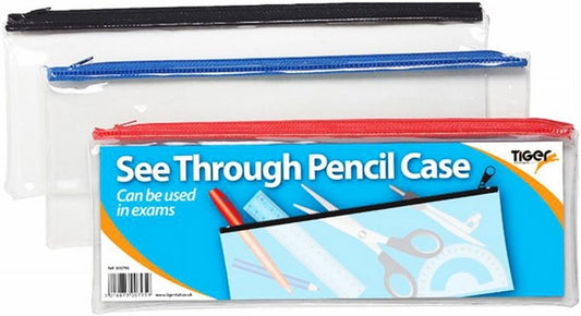Small flat clear exam pencil case by Tiger, 8x5 inches with assorted zipper colors, ideal for stationery storage.