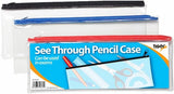 Small flat clear exam pencil case by Tiger, 8x5 inches with assorted zipper colors, ideal for stationery storage.