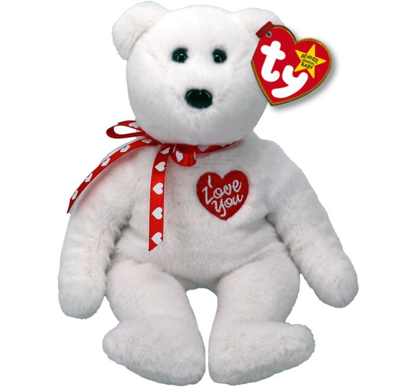 Soft plush Scarlett Bear toy by Ty with pink and white fur, featuring a friendly face and embroidered details.