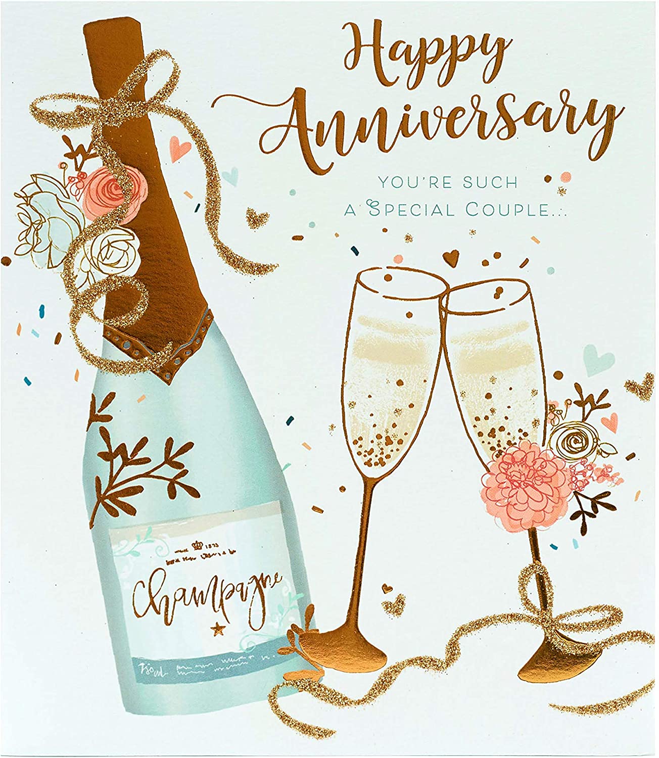 Champagne gold foil anniversary card for couples, featuring elegant design, from UK Greetings for special wedding celebrations.